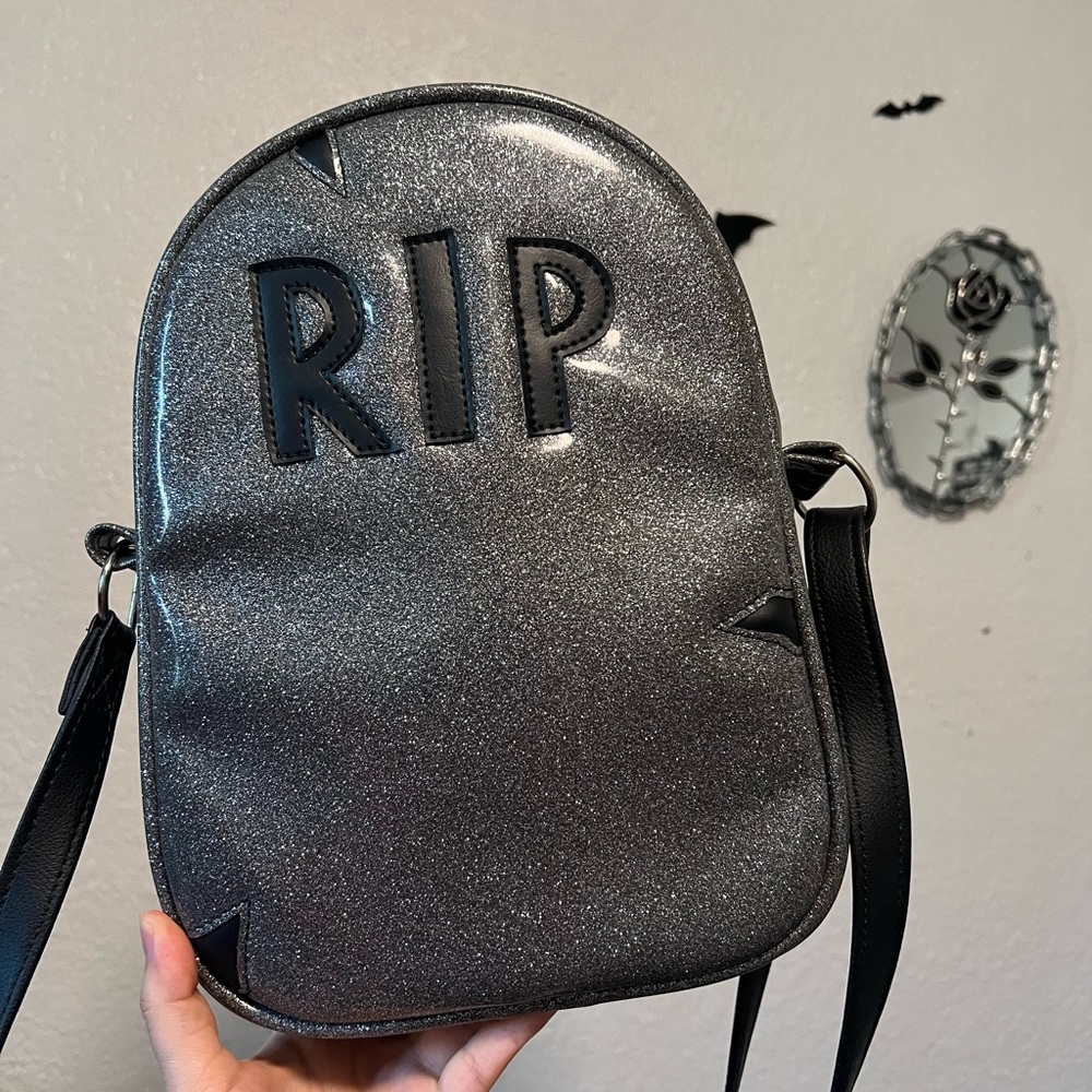 New Love Pain and Stitches shiny glitter RIP gravestone tombstone crossbody bag
